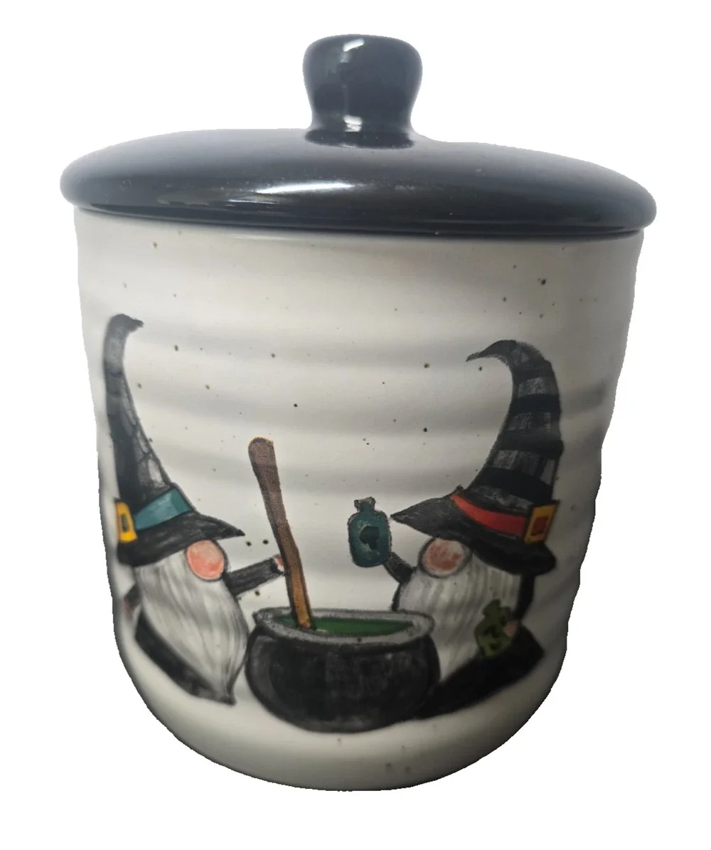 Cobwebs & Cauldrons Wizard Gnome Ceramic Canister Jar w/Lid Halloween